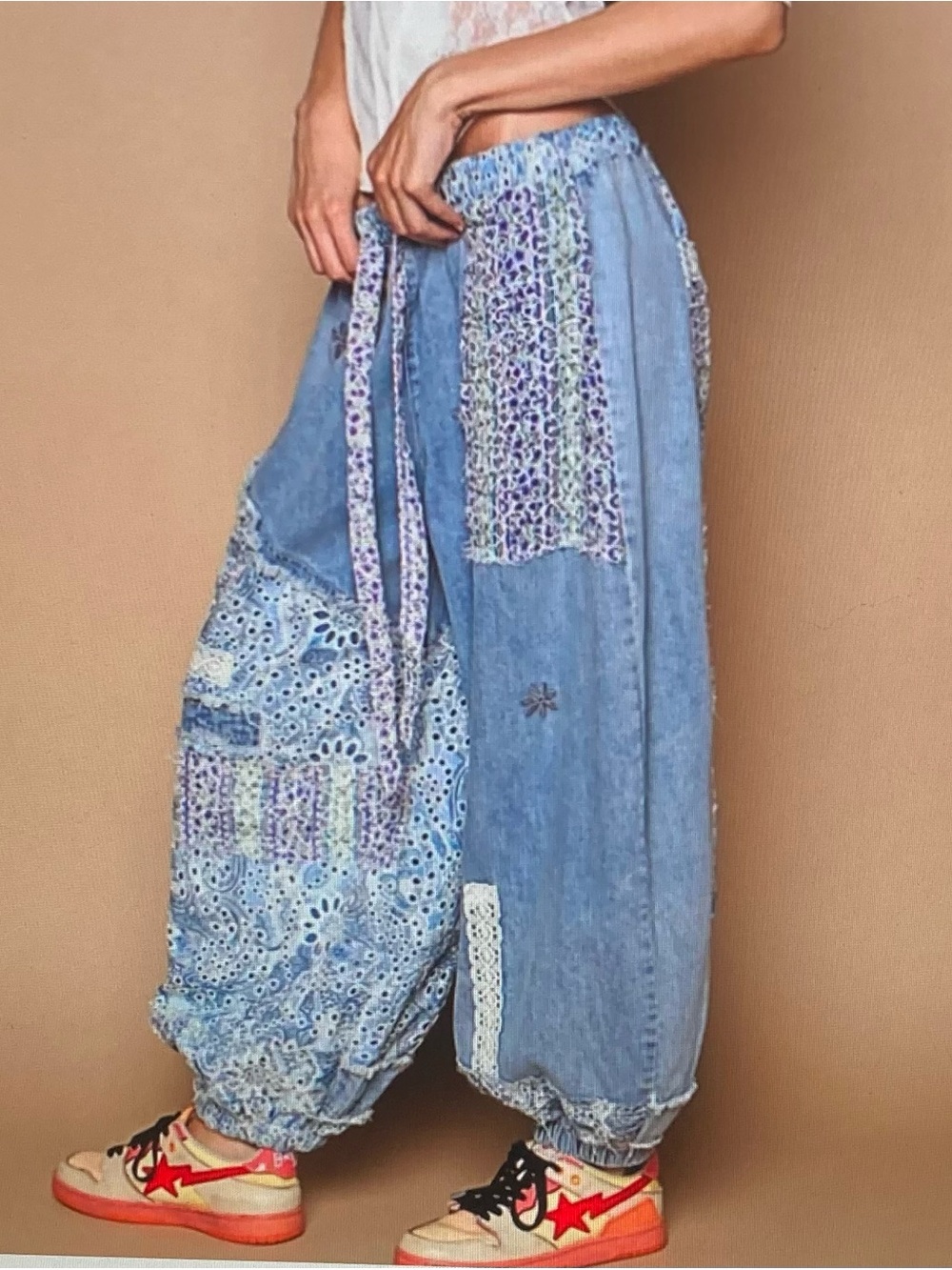 POL Patchwork Lace Blue Wide-Leg Jogger Pants - Picture 3 of 4